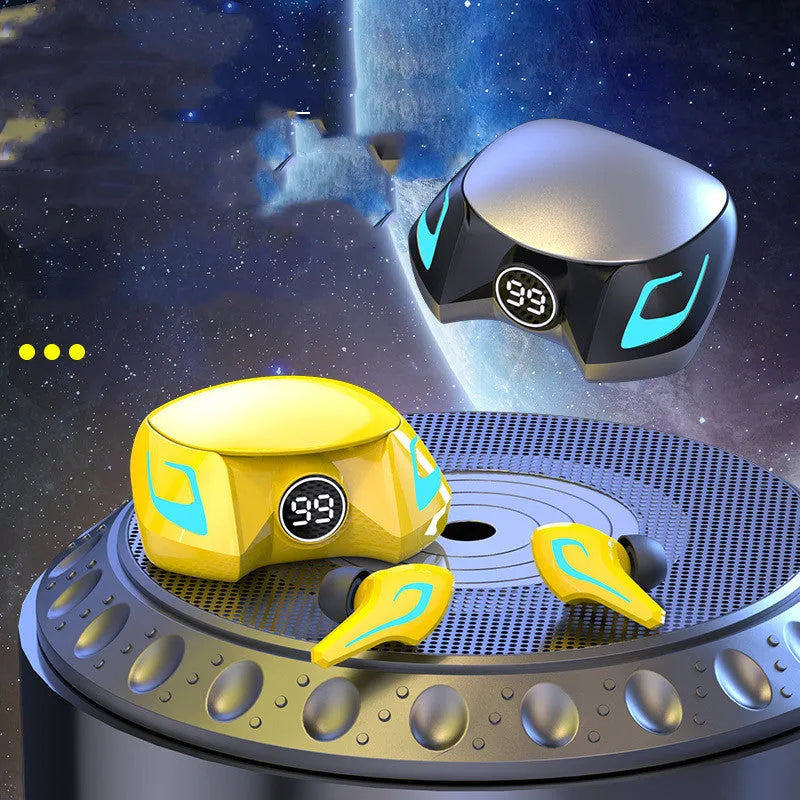 Colourful wireless Bluetooth gaming headset with earplug-style earpieces in yellow, black, and grey variants.