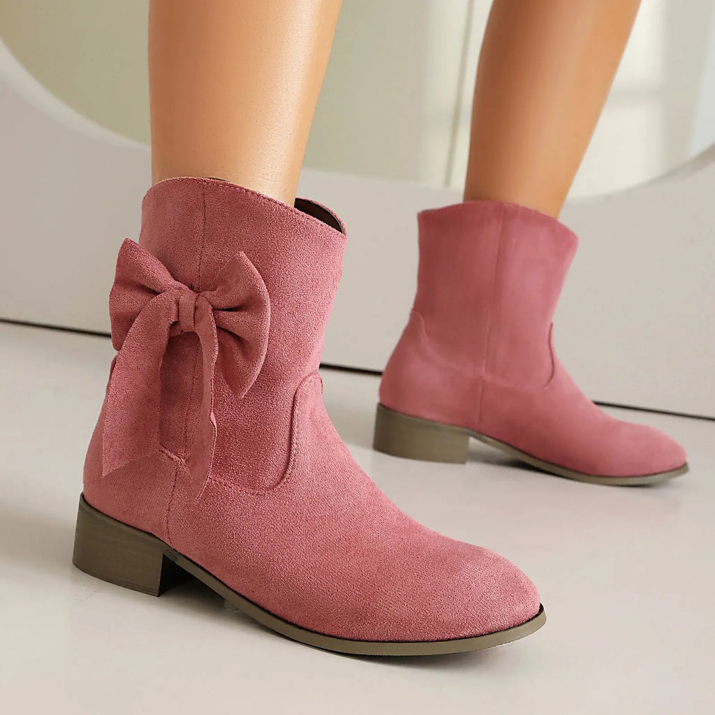 Low heel suede sweet bow casual boots for women, square heel, round toe, available in multiple colours
