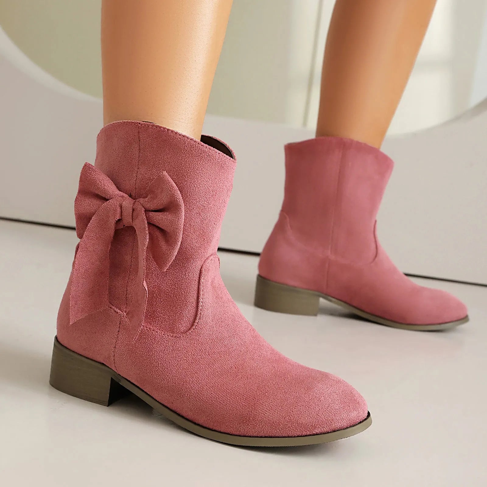 Low heel suede sweet bow casual boots for women, square heel, round toe, available in multiple colours