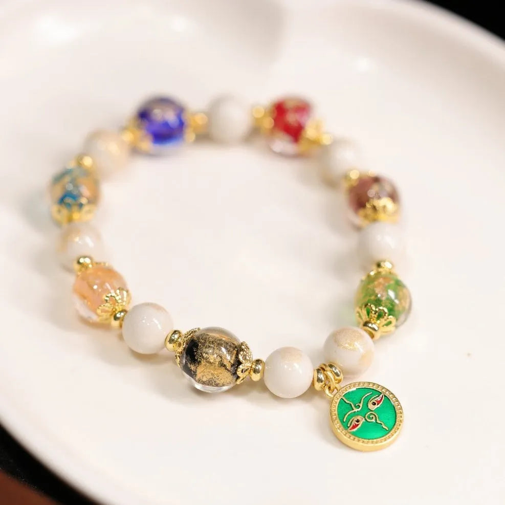 Handmade glass bracelet with five gods of wealth theme and 10mm geometric beads in national style design