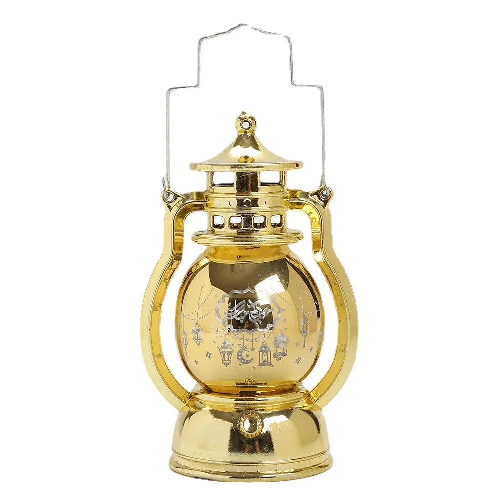 Gold or silver Eid Mubarak LED lantern with A1 or A2 laser carved pattern, 12.5cm tall plastic decoration