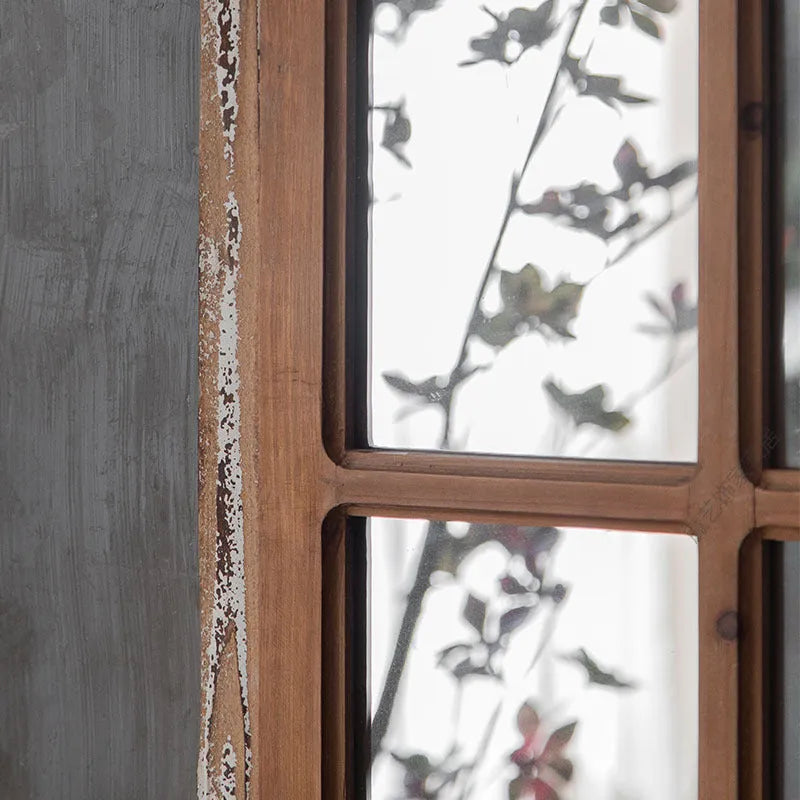 Log-coloured distressed wooden glass fake window wall mirror, A316 style.