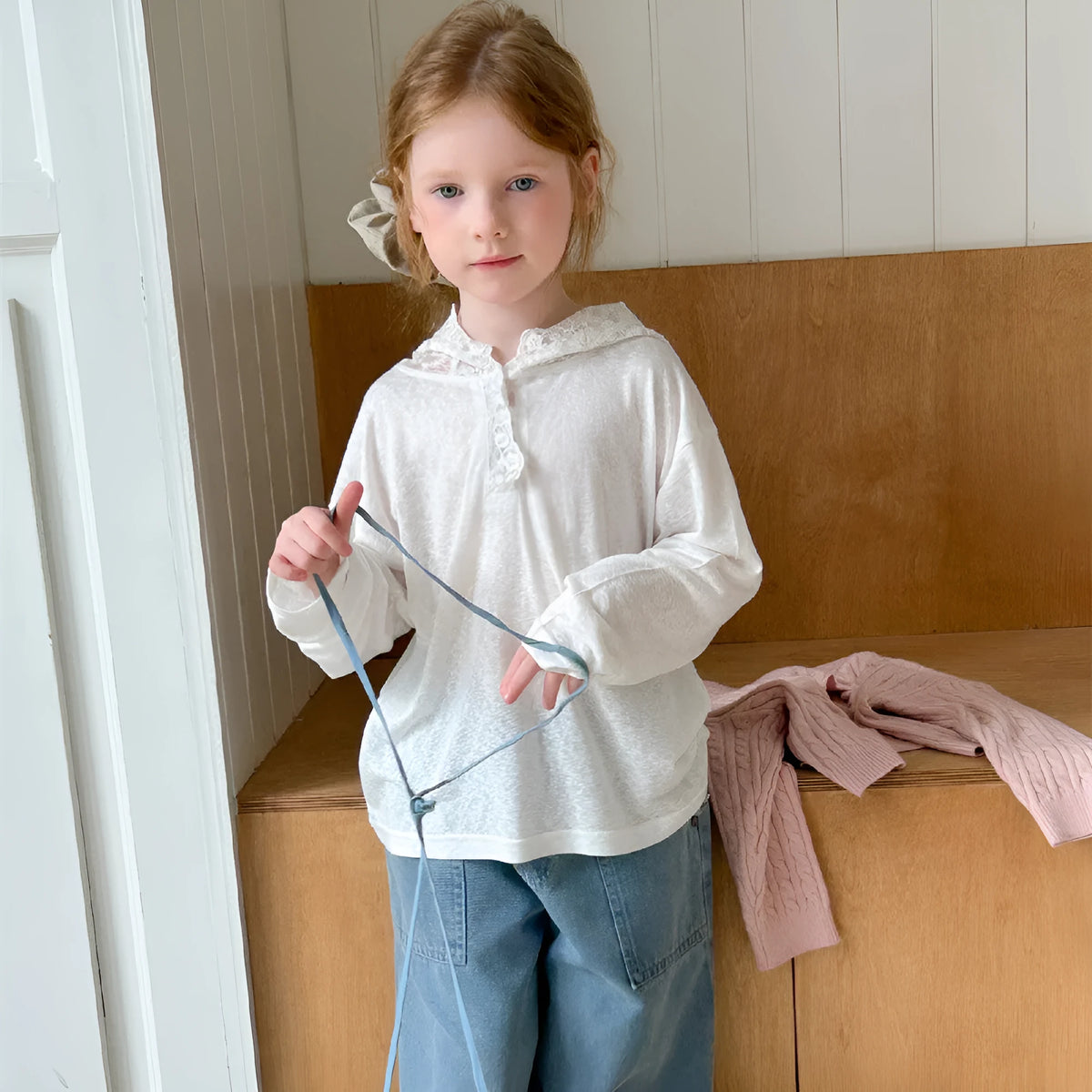 Girls' knitted cotton bottoming shirt top in white for 90-150cm height