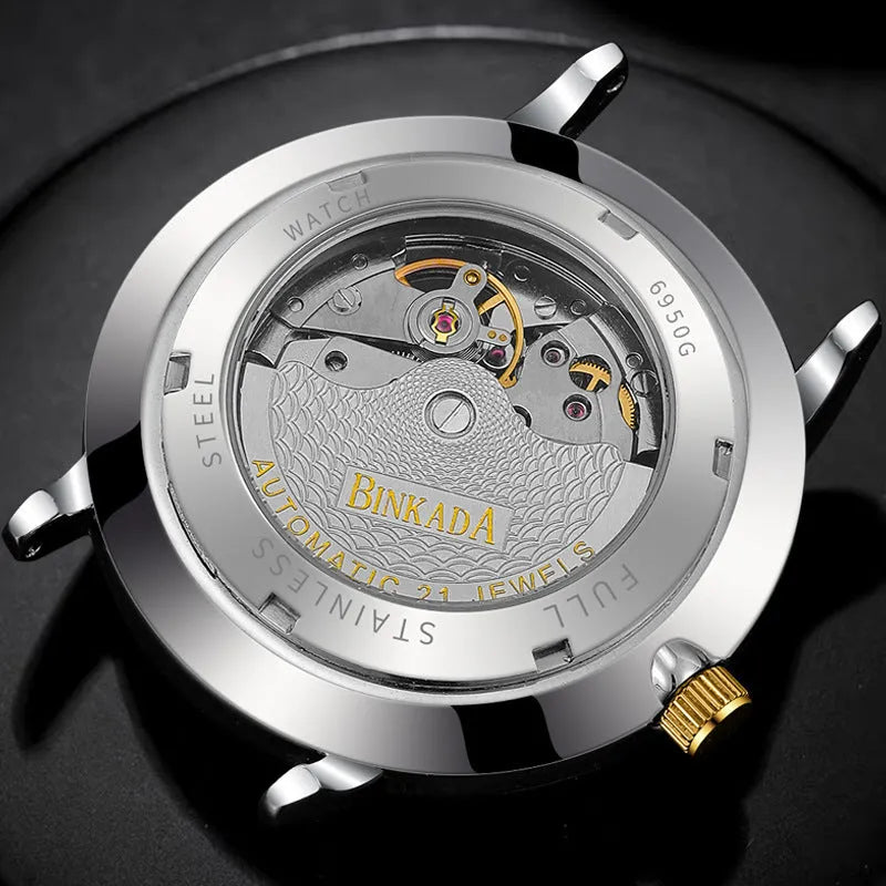 Men's full-automatic waterproof mechanical watch gold white dial 9mm thickness business style