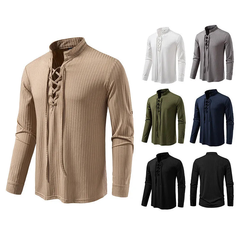 Men's casual long sleeve T-shirt with drawstring, slim fit, shown in six colours, sizes S to 2XL.