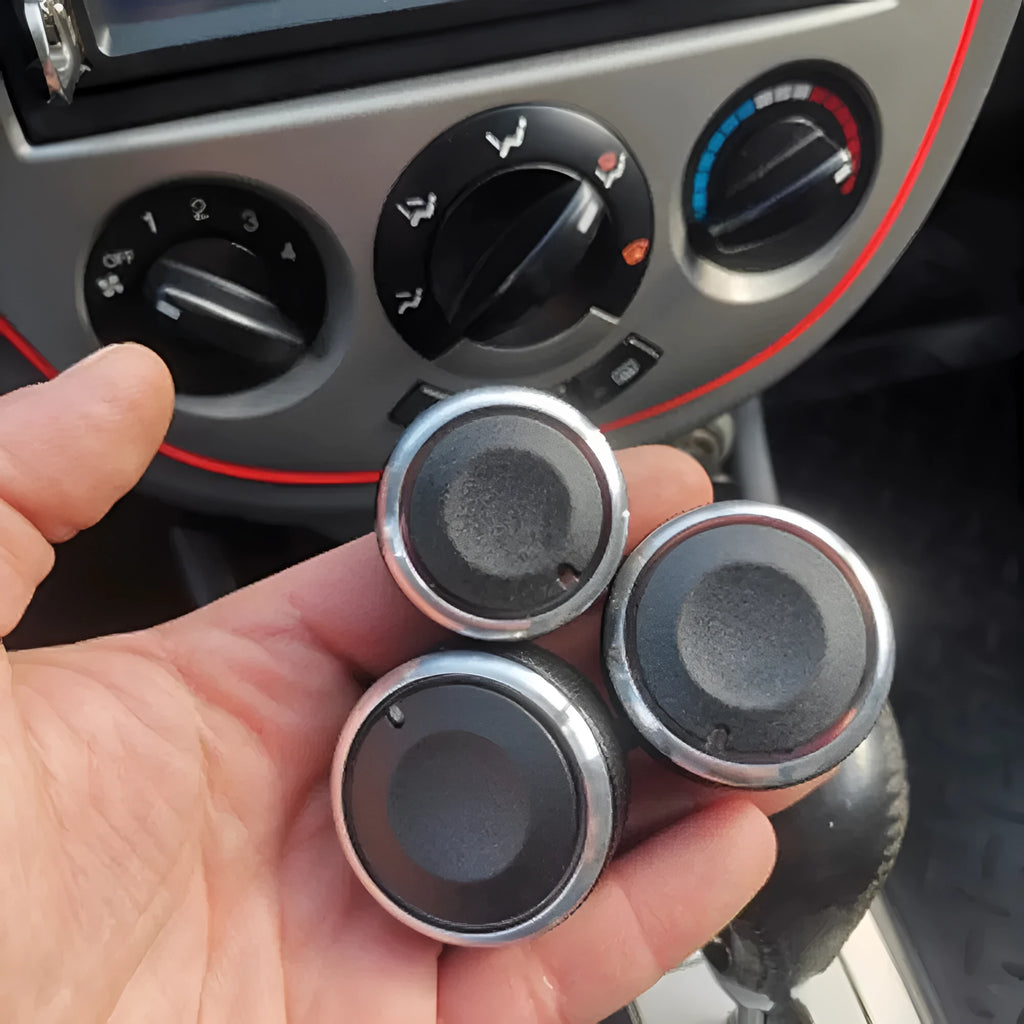 Three black aluminium alloy air conditioning control knobs for Chevrolet LeFeng and LeChi dashboard replacement