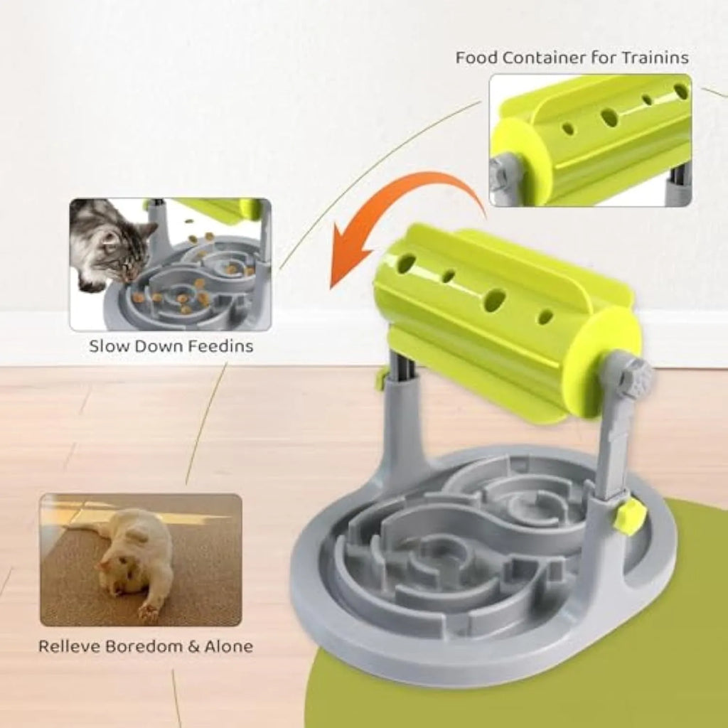 Interactive pet food puzzle slow feeder in blue, green, or pink with adjustable height settings