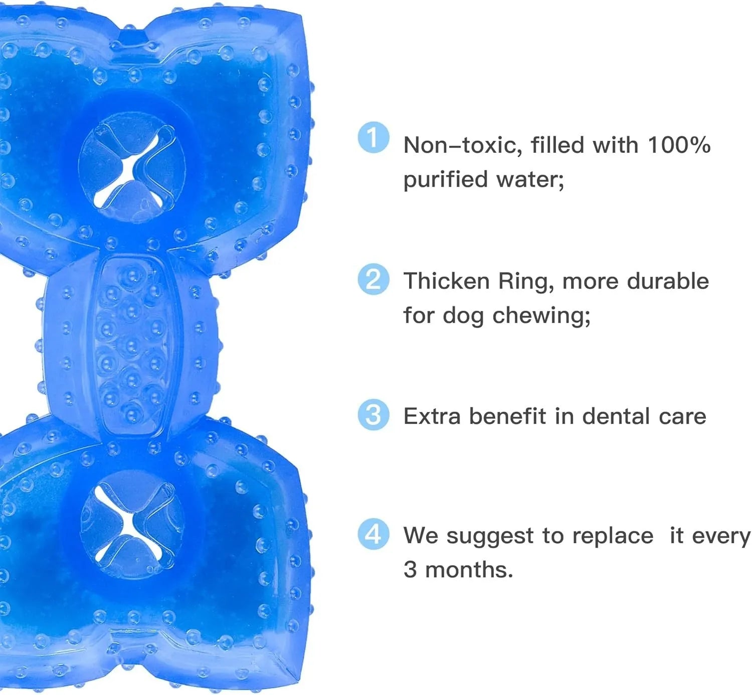 Freezable dog teething chew toy in bone and circle shapes on a blue background.
