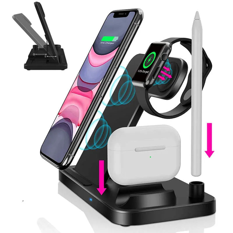 Black folding 4-in-1 wireless charger showing iPhone AirPods and Apple Pencil charging simultaneously