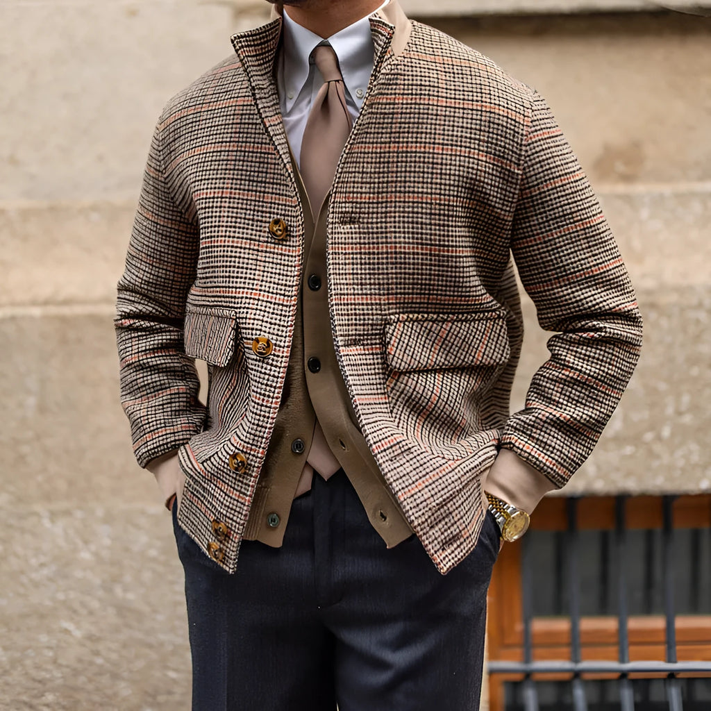 Brown wool blend tweed fleece cropped slim-fit bomber jacket with stand-up collar and front zip
