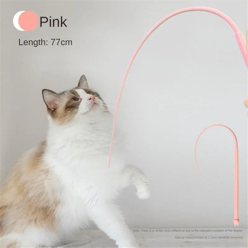 Blue cat teaser stick with silicone mouse tail extended to 80cm length beside pink version