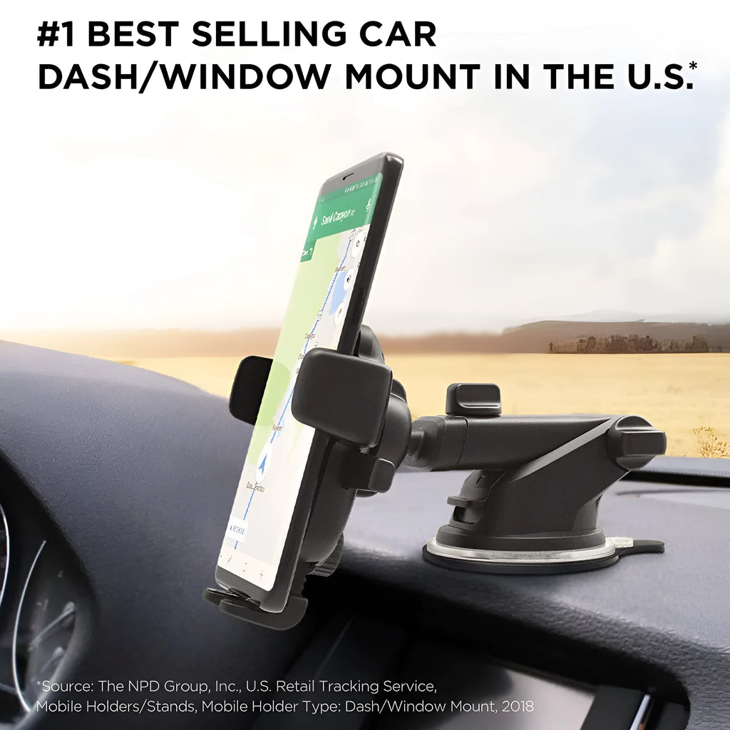 Black retractable suction cup car phone holder mounted on car dashboard