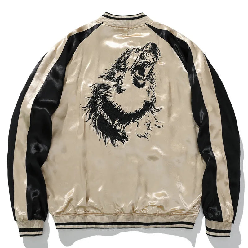 Men's satin jacket with lion king embroidery and animal pattern in champagne or faint blue, sizes M-3XL
