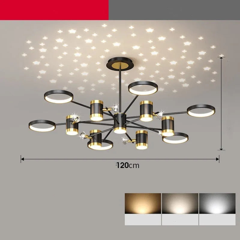 Black 13-head iron pendant chandelier with remote control on a ceiling.