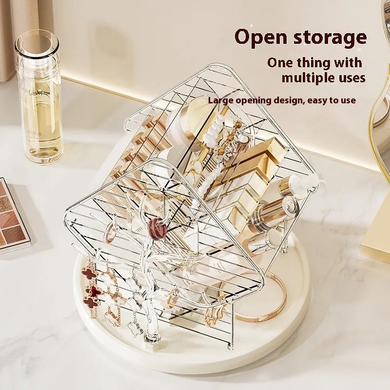 Clear and amber gold rotating cosmetics storage box on a surface