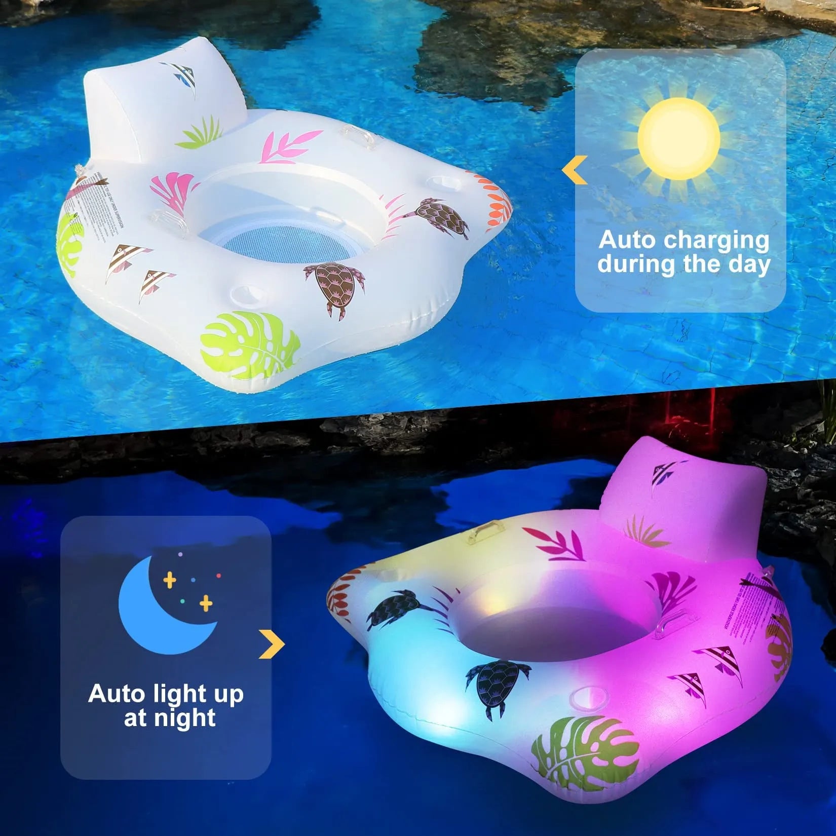 White luminous U-shaped inflatable float on water