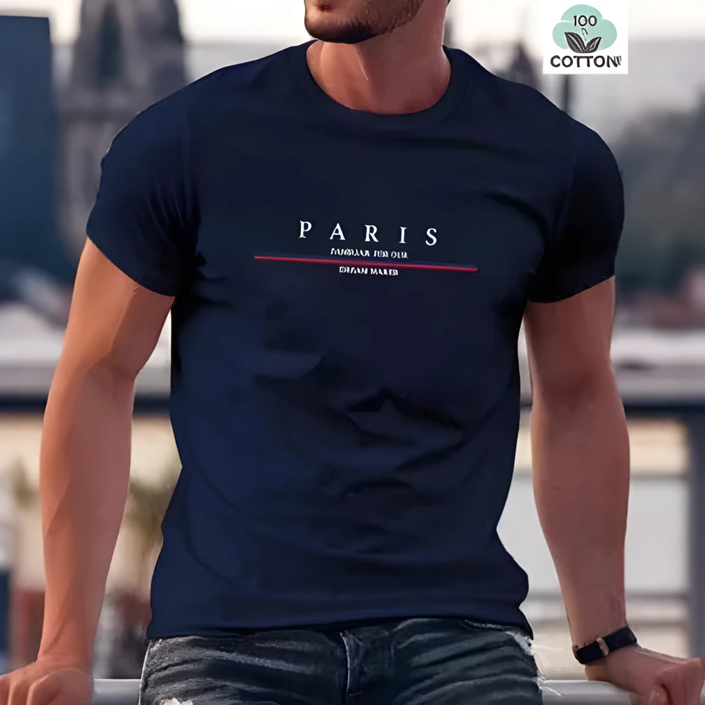 Man wearing a loose-fitting short-sleeved pure cotton t-shirt with a printed design in apricot colour.