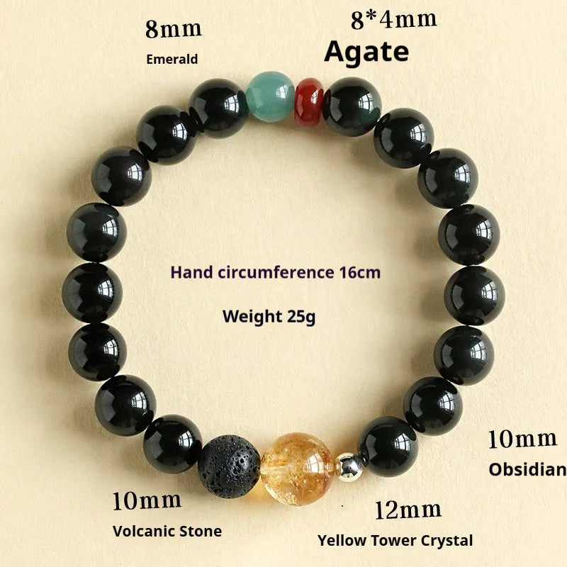 Chinese style obsidian yellow tower crystal agate jade bracelet with 8mm or 10mm bead options