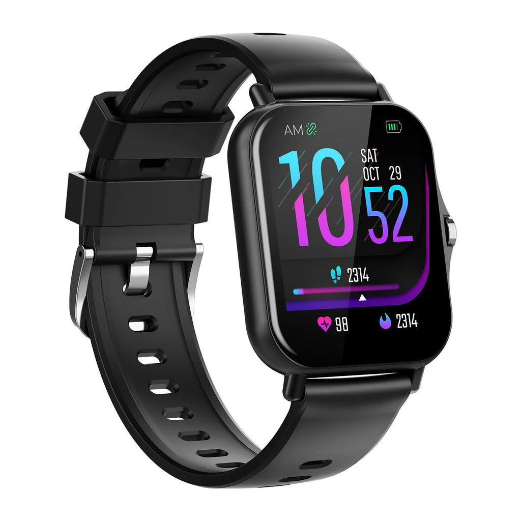 W10 Bluetooth smart watch with heart rate monitor on a wrist, showing a black colour option with a curved touch screen.