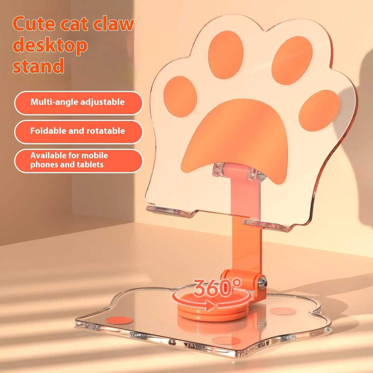 Acrylic rotating mobile phone stand in transparent acrylic with cartoon style, shown as a desktop phone holder in five colour options.
