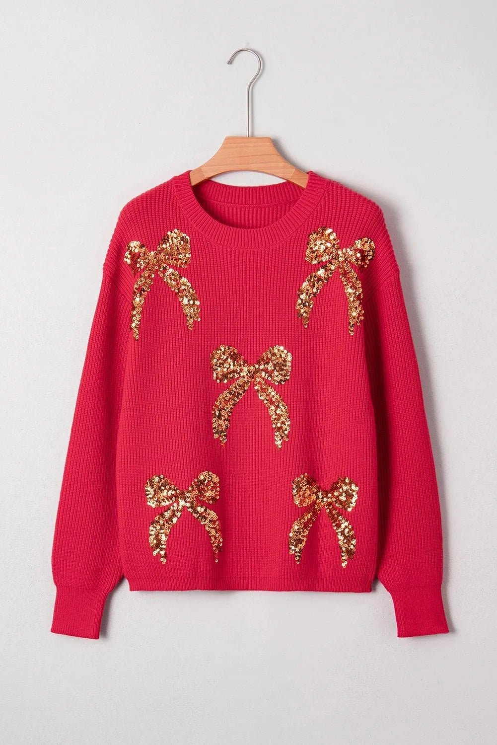 Women's round neck long sleeve sweater with Christmas sequins and embroidery in Fiery Red