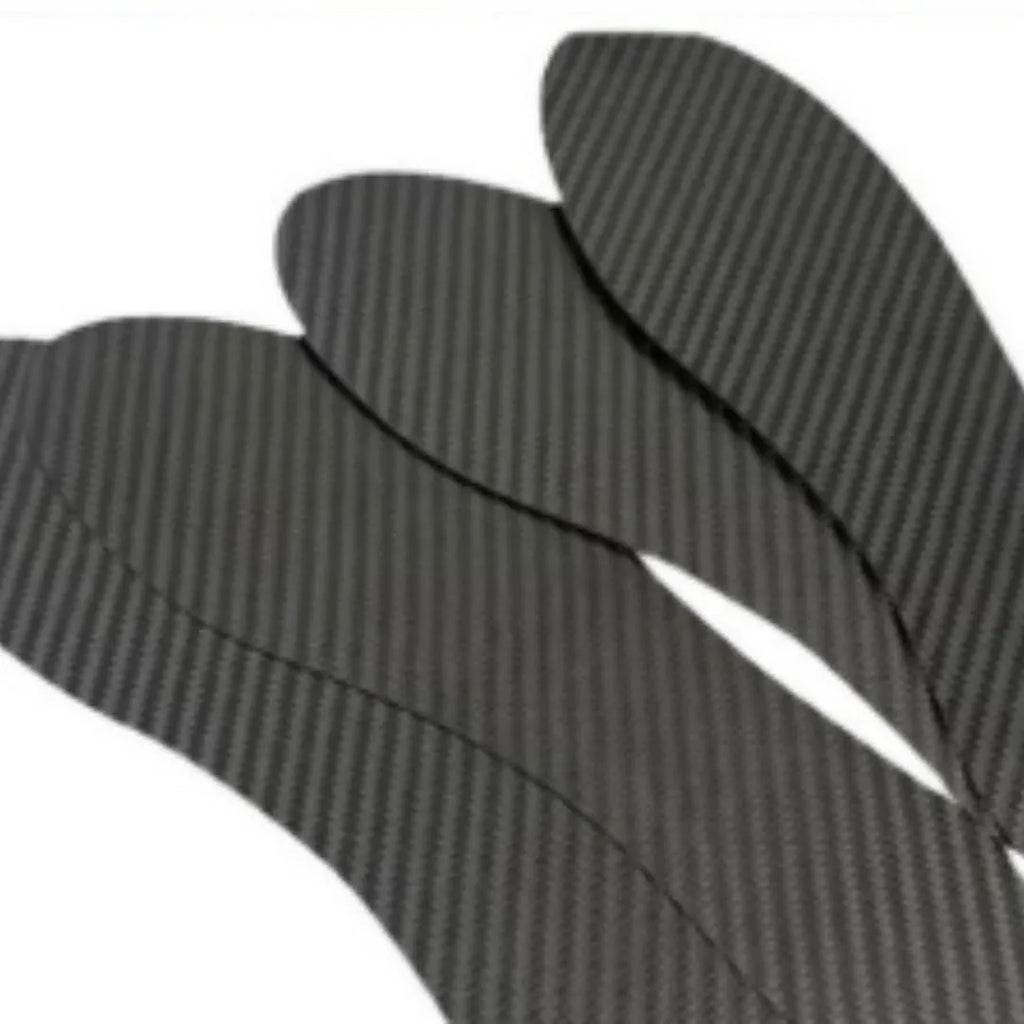 Pair of black 3K full palm carbon fibre running insoles for shock absorption, shown with size and thickness options.