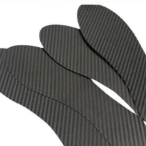 Pair of black 3K full palm carbon fibre running insoles for shock absorption, shown with size and thickness options.