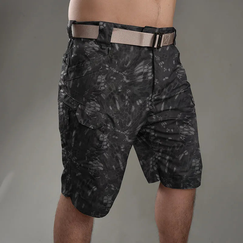 Khaki coloured tactical shorts made from cotton blend fabric on a mannequin.