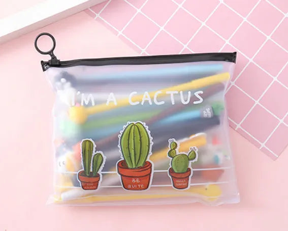 Marvel cartoon pen set showing 20 black 0.5mm ballpoint pens in cactus-themed plastic storage case