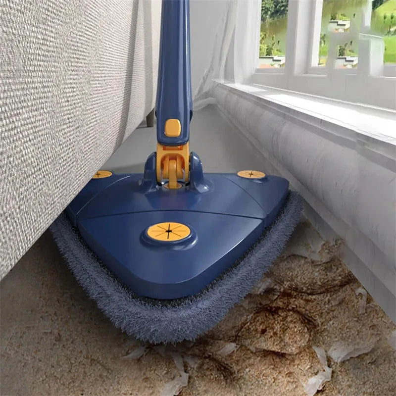 Blue extendable triangle mop with rotating head and long stainless steel pole for cleaning floors and walls