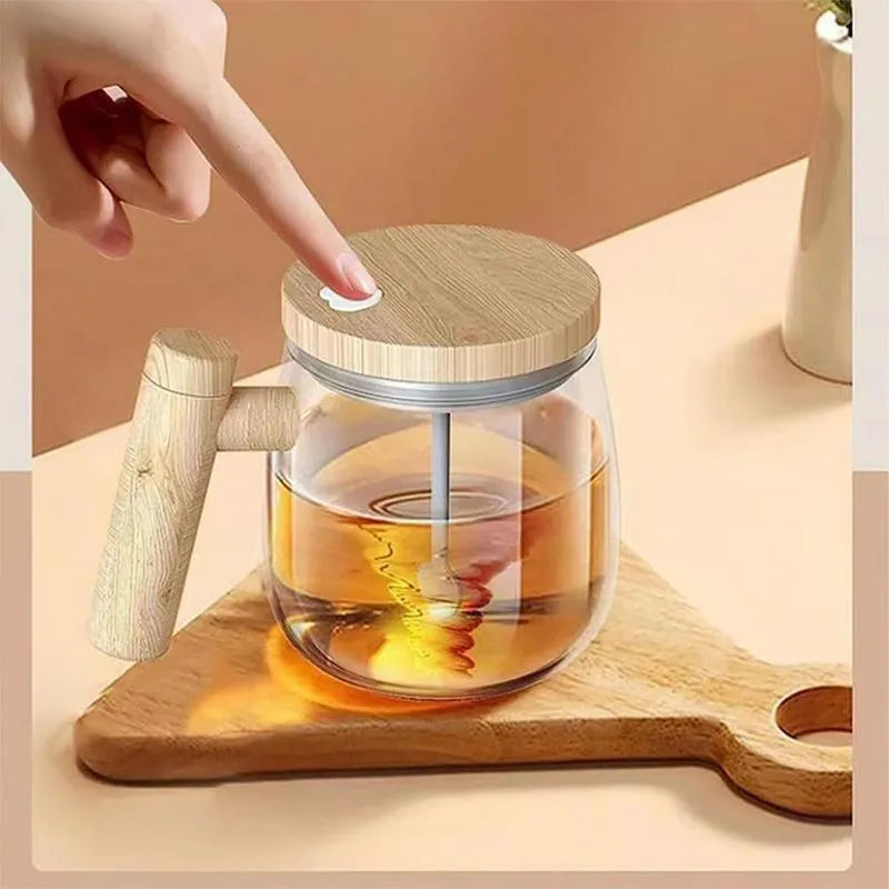 400ml clear borosilicate glass self-stirring electric coffee mug with button.