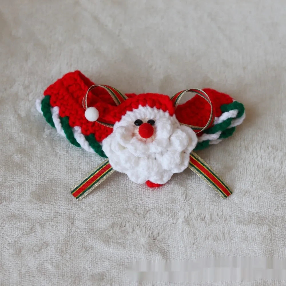 Christmas knitted wool pet scarf with festive patterns attached to dog collar