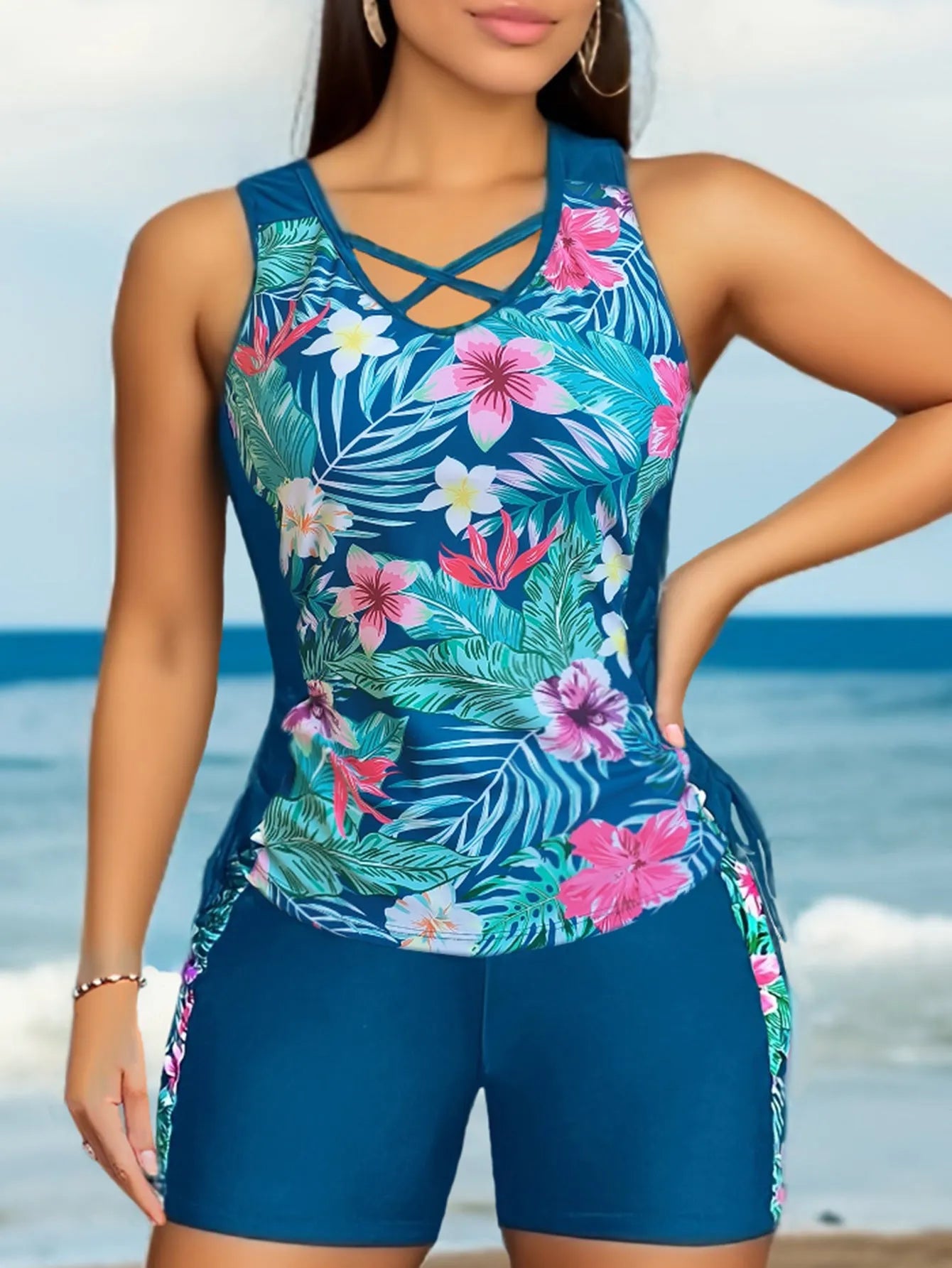 Plus size women's floral print swimsuit bikini with high waist design in navy blue colour