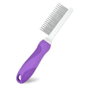 Purple pet detangling comb with stainless steel teeth on a wooden table.