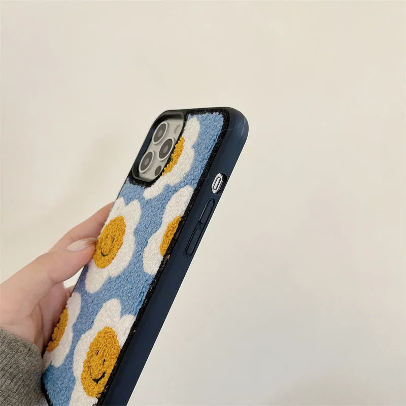 Blue towel embroidered sunflower smiley plush phone case for Apple iPhone with hard shell back cover