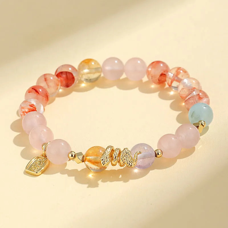 Adjustable lucky snake crystal and plastic flower bracelet for women with string beads