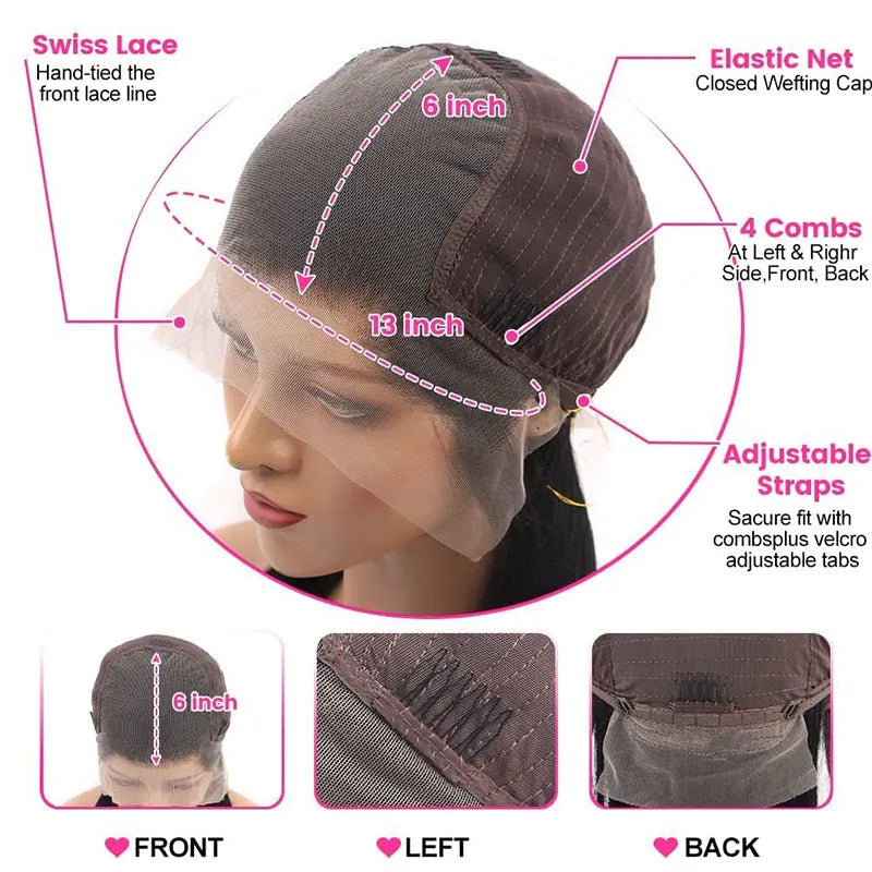 Black straight 13x6 lace front human hair wig showing natural hairline and length options