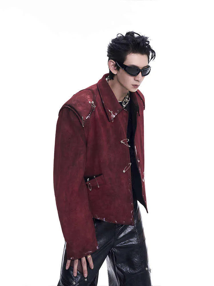 Men's red quilted jacket with decorative pin flocking design and lapel collar