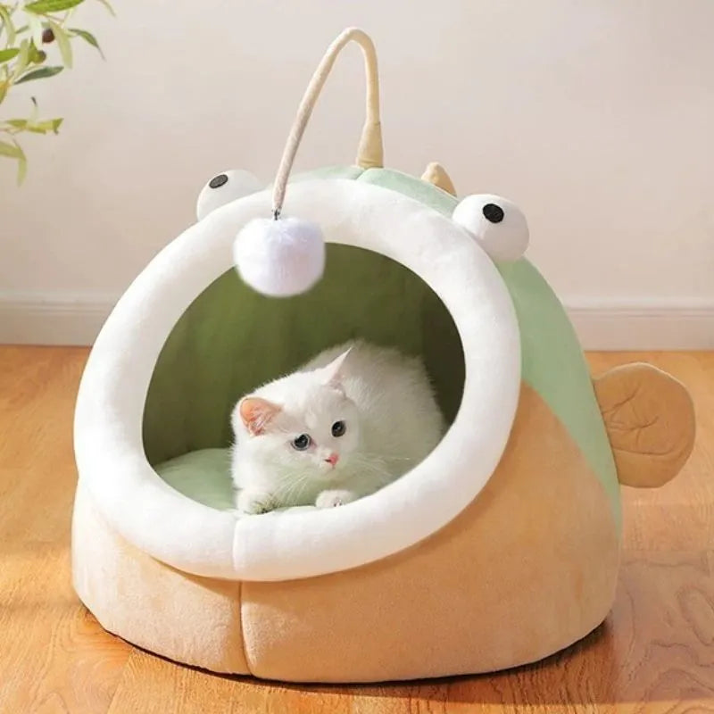 Grey deerskin velvet cat house bed with semi-closed design and removable cushion shown in lantern fish shape