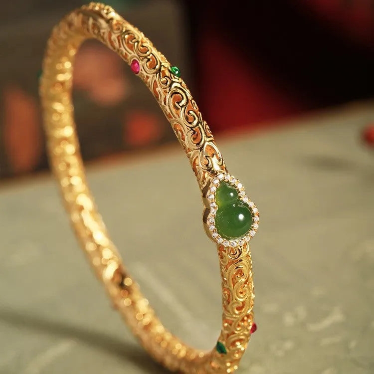 Gold-plated copper women's bracelet with retro opening xiangyun gourd charm in open style design