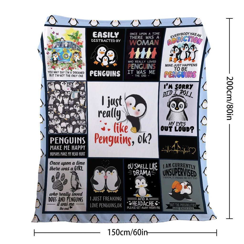 Multicolored flannel velvet blanket with penguin patterns, 130x150cm, on a sofa