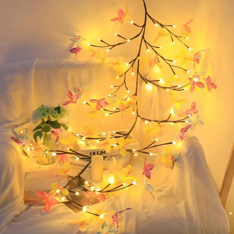 USB-powered LED butterfly tree rattan lamp with flexible branches and colour-changing lights