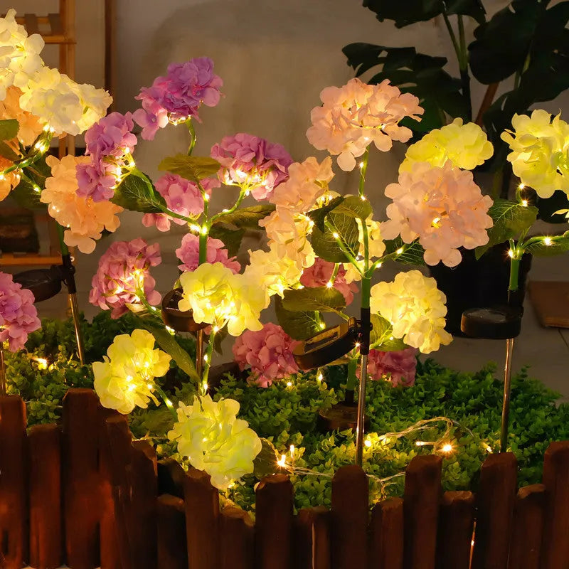 Solar hydrangea garden light in chosen colour with rubber construction and floor outlet design