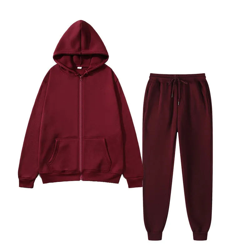 Men's sports fleece suit with long-sleeve jacket and trousers in solid colour polyester blend, sizes S to XXXL