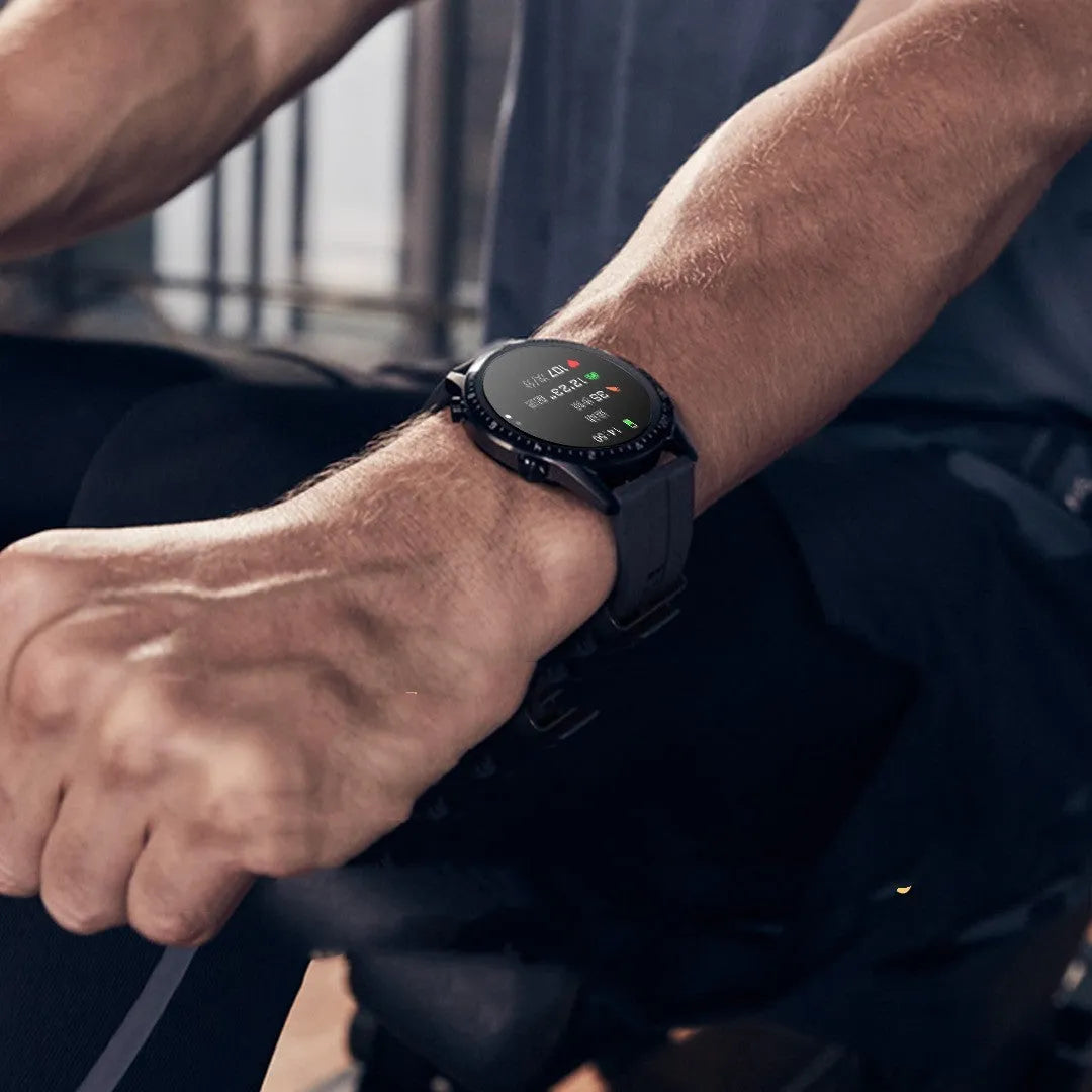 Round 46mm smart watch with Bluetooth calling on a wrist, showing a touchscreen display.