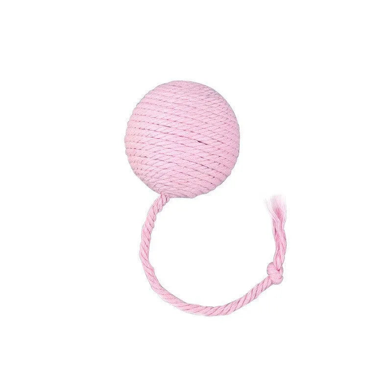 Cat toy ball with rope handle in green, pink, purple or yellow colours with internal bell