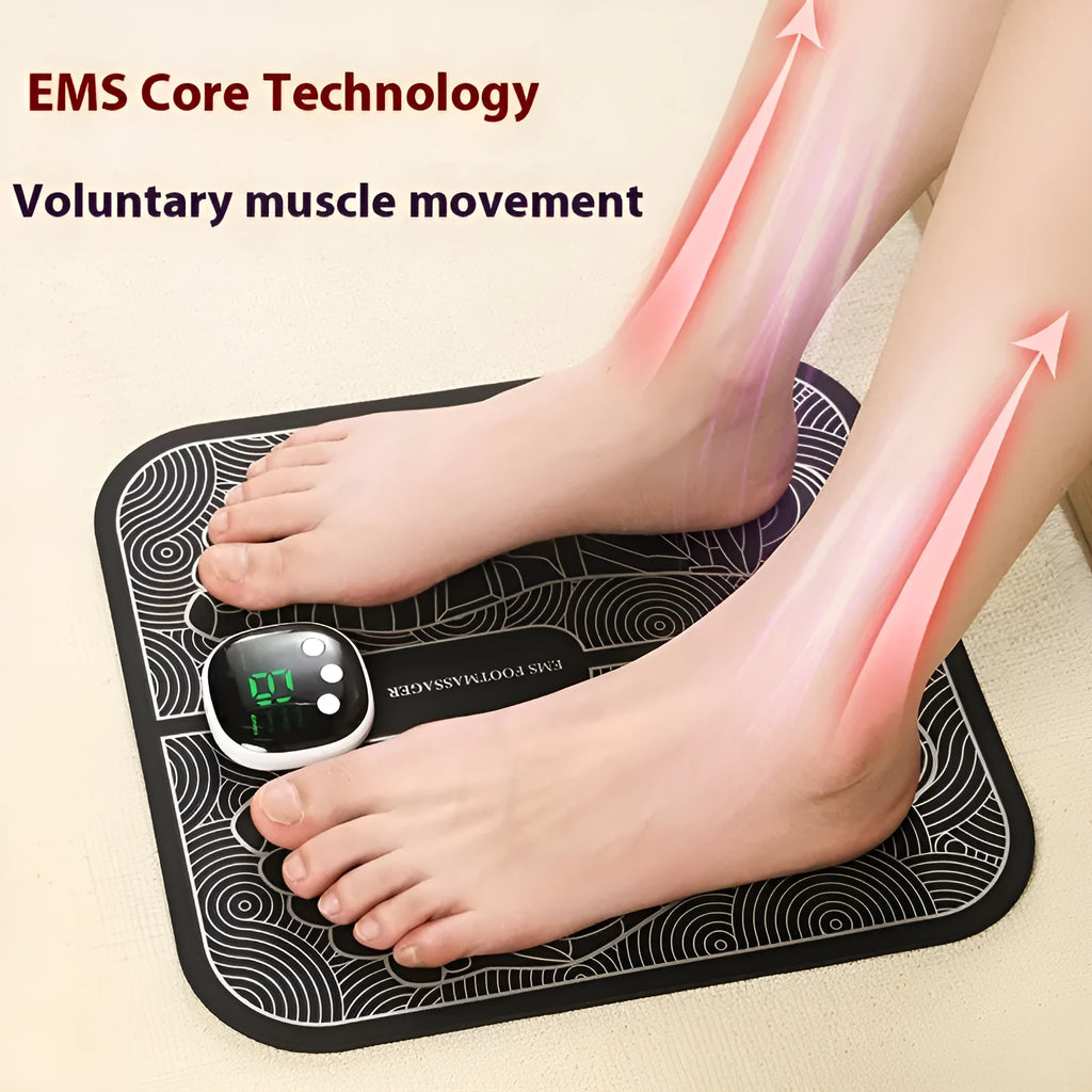 Blue rechargeable reflexology foot massager mat with remote control and USB charging cable