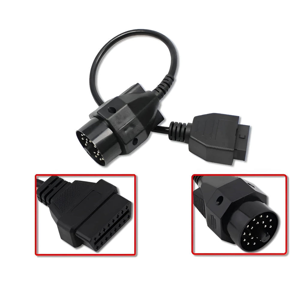 BMW 20-pin to 16-pin OBD2 diagnostic port adaptor cable on a white background.