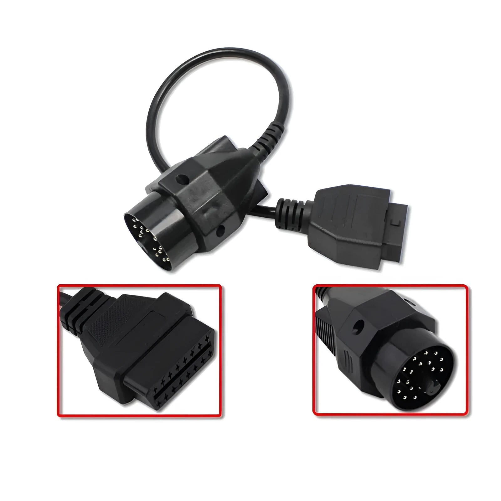 BMW 20-pin to 16-pin OBD2 diagnostic port adaptor cable on a white background.