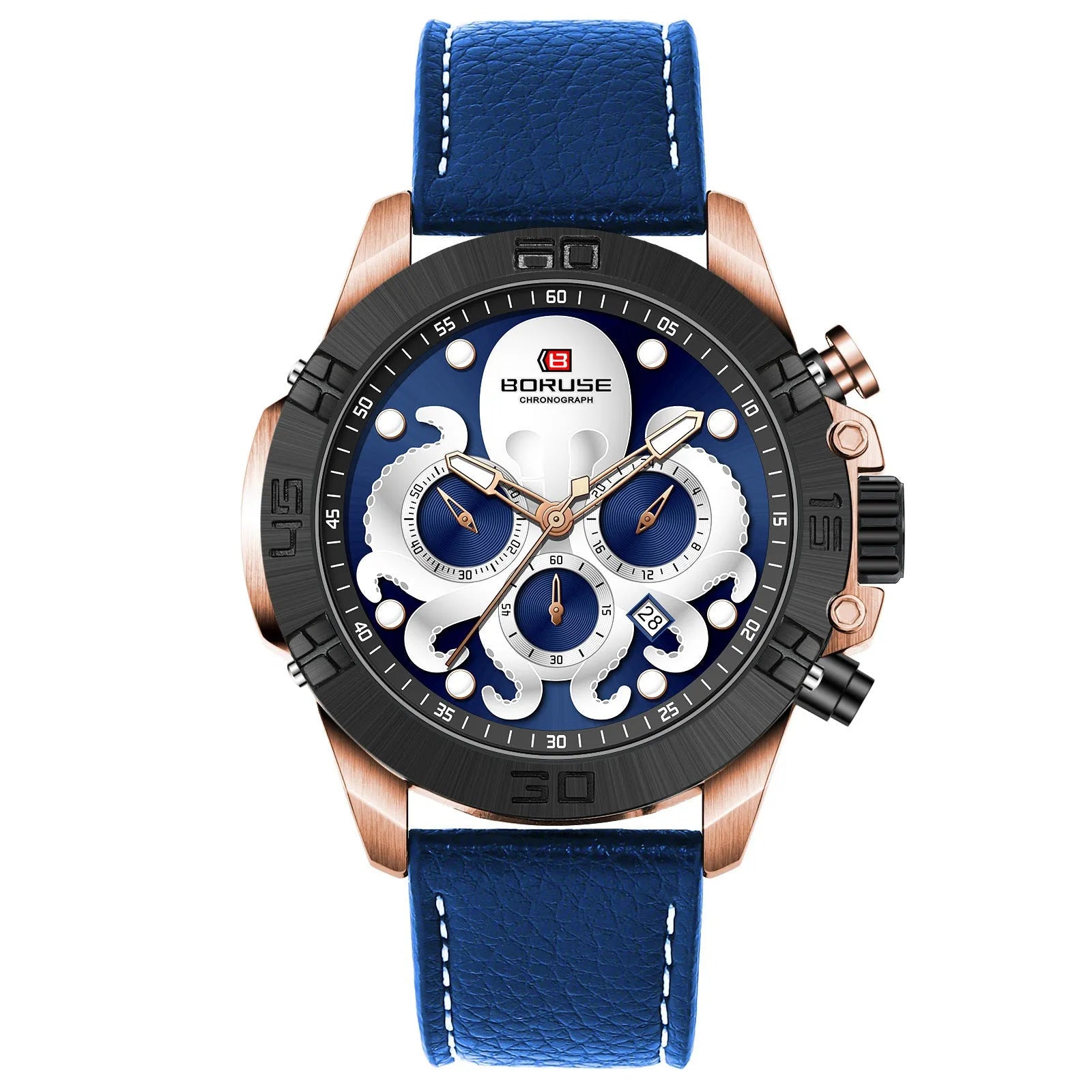 Men's octopus design waterproof luminous quartz watch on wrist in black or blue.